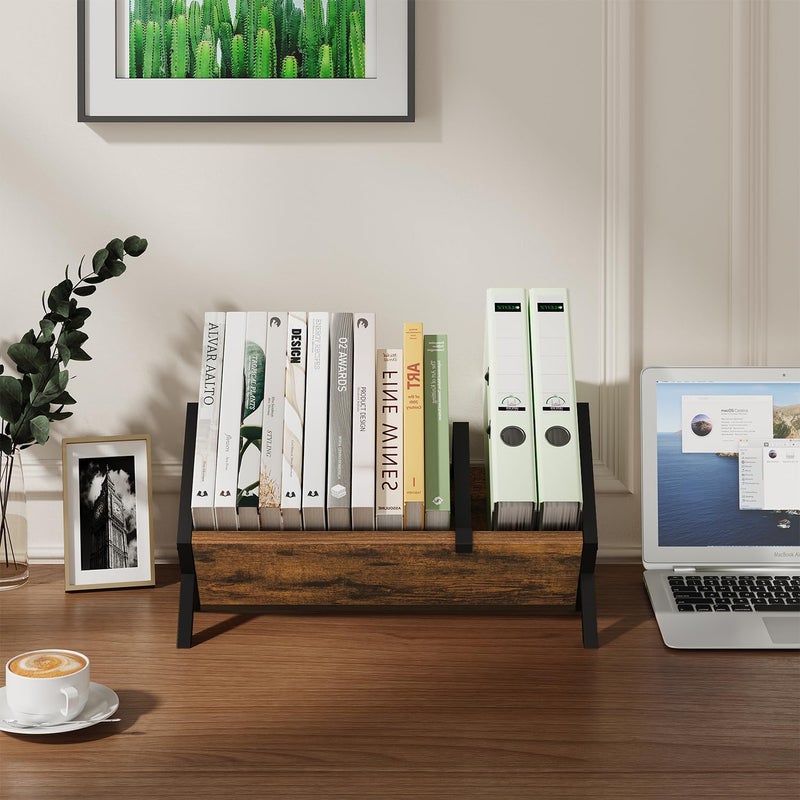 YINMIT Wood Desktop Bookshelf, Retro Tabletop Bookshelf, Desk Shelf for Top of Desk in Living Room, Home, Office, Tilting Bookcase for CDs, Magazine, Books, Home Decor - Image 4